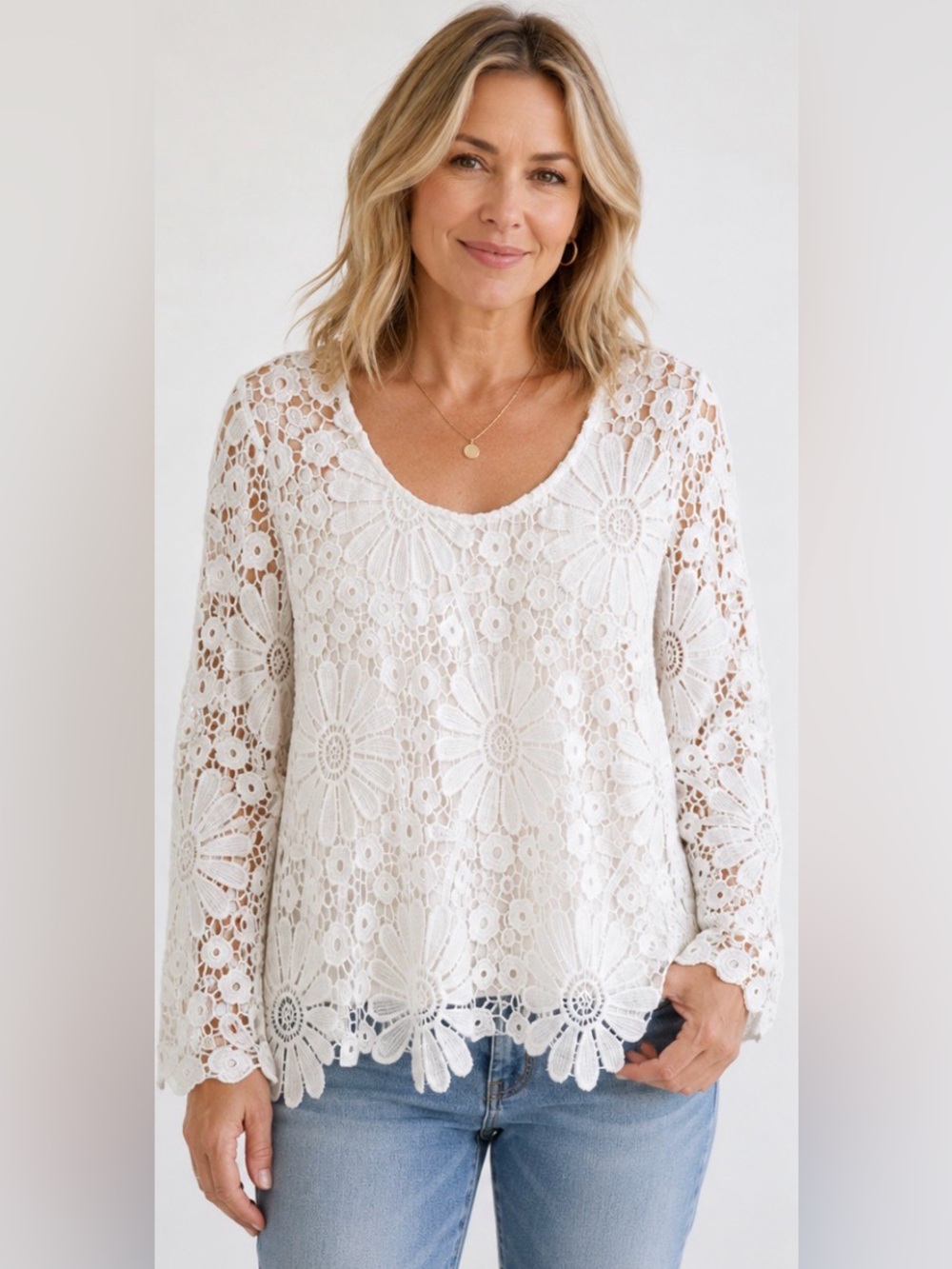 White Crochet Lace Long Sleeve Top Mixed Media M/L Silk Blend Feminine